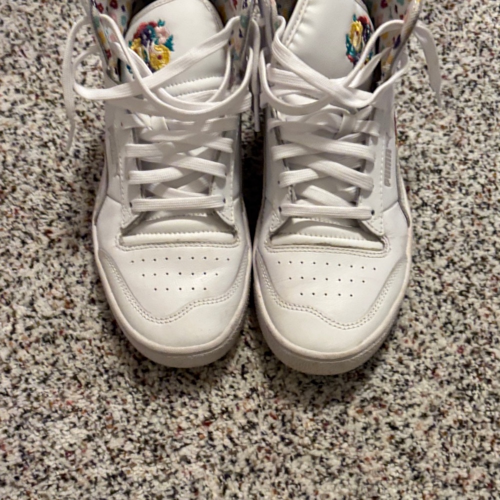 Puma White High-Top Sneakers with Floral Tongue Accent